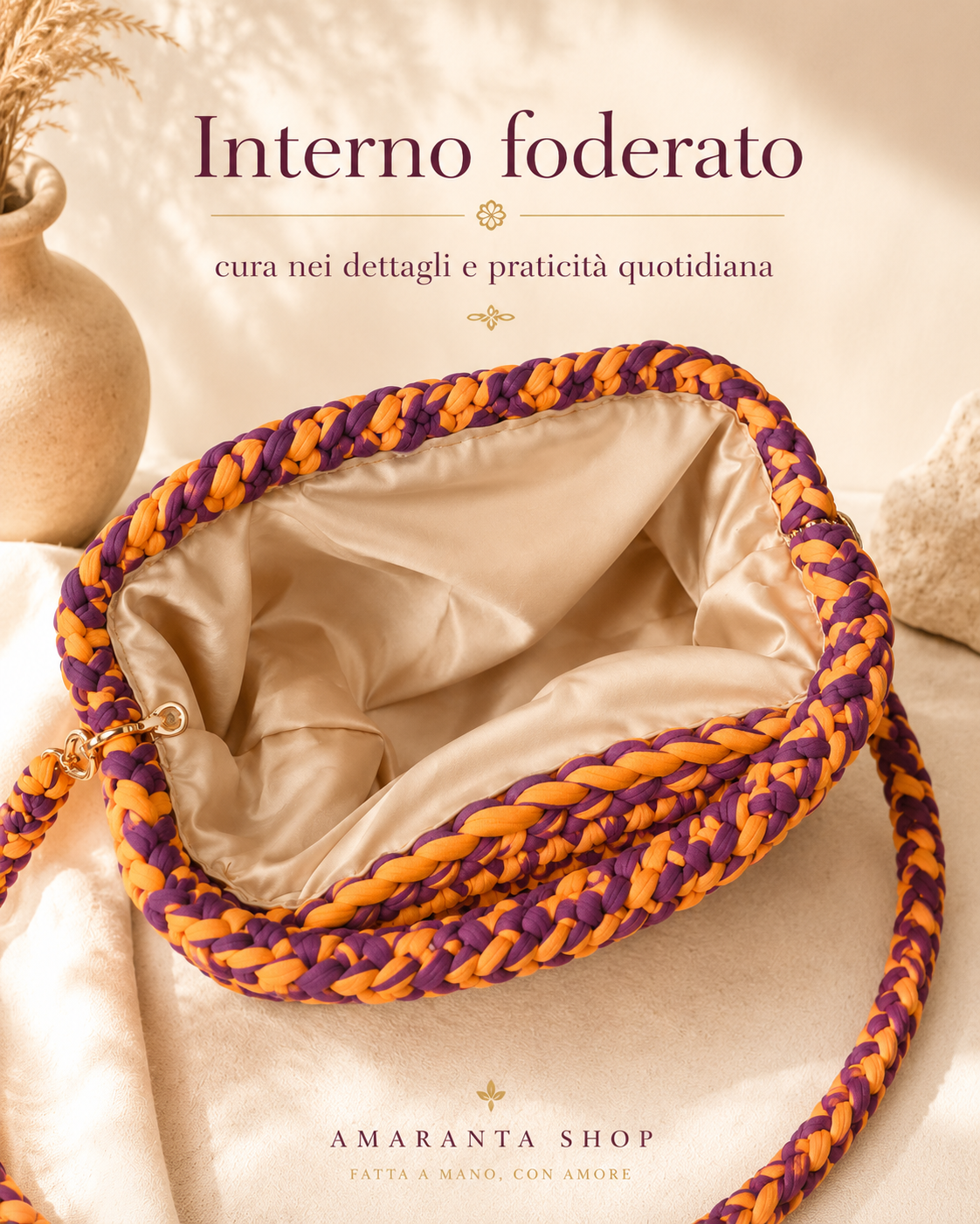 Borsa Crochet “Dalia” Fatta a Mano | Arancione e Viola con Tracolla