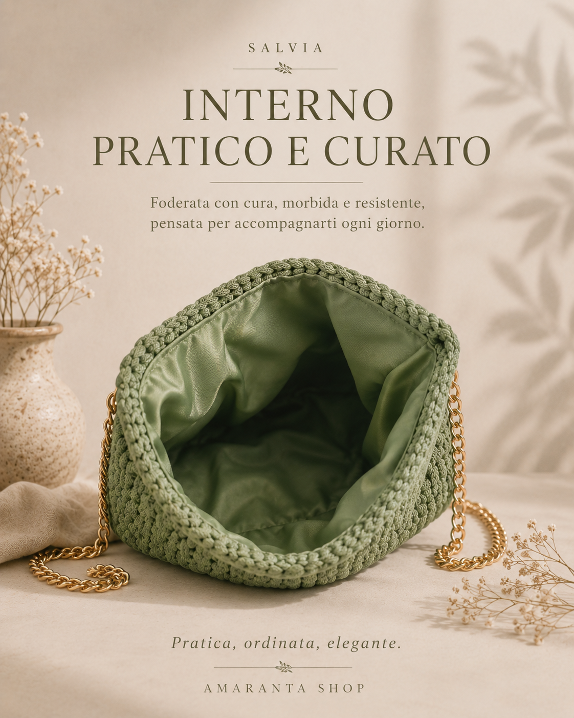 Borsa Crochet “Salvia” Fatta a Mano | Verde con Catena Dorata