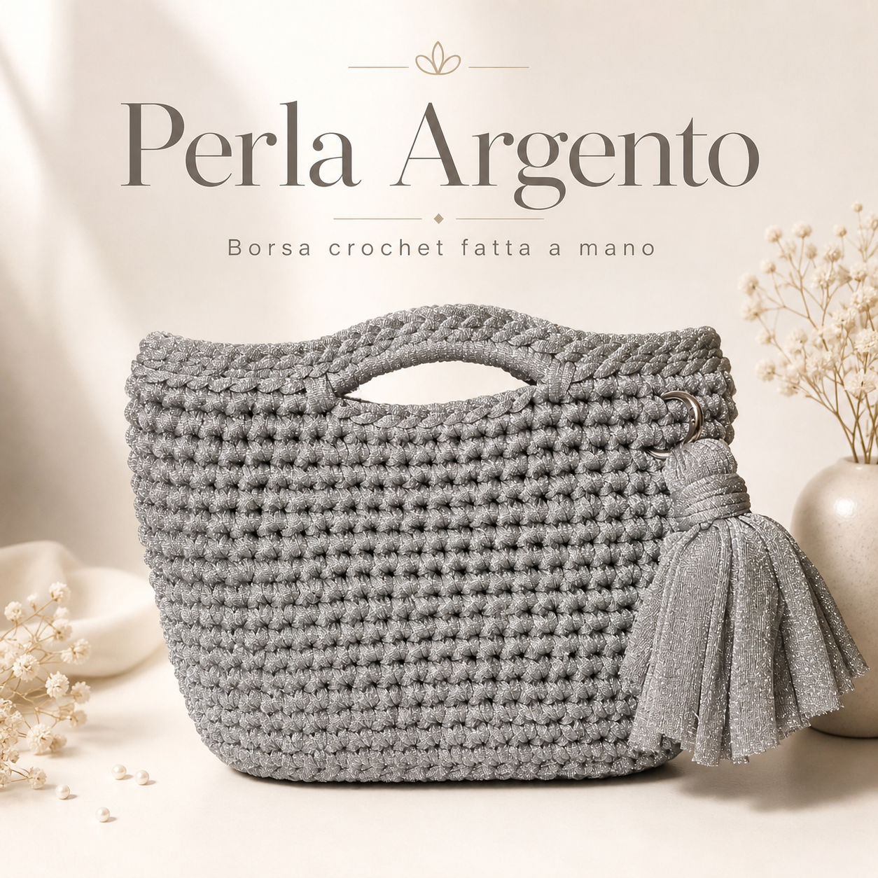 Borsa Crochet “Perla Argento” Fatta a Mano | Elegante con Nappa
