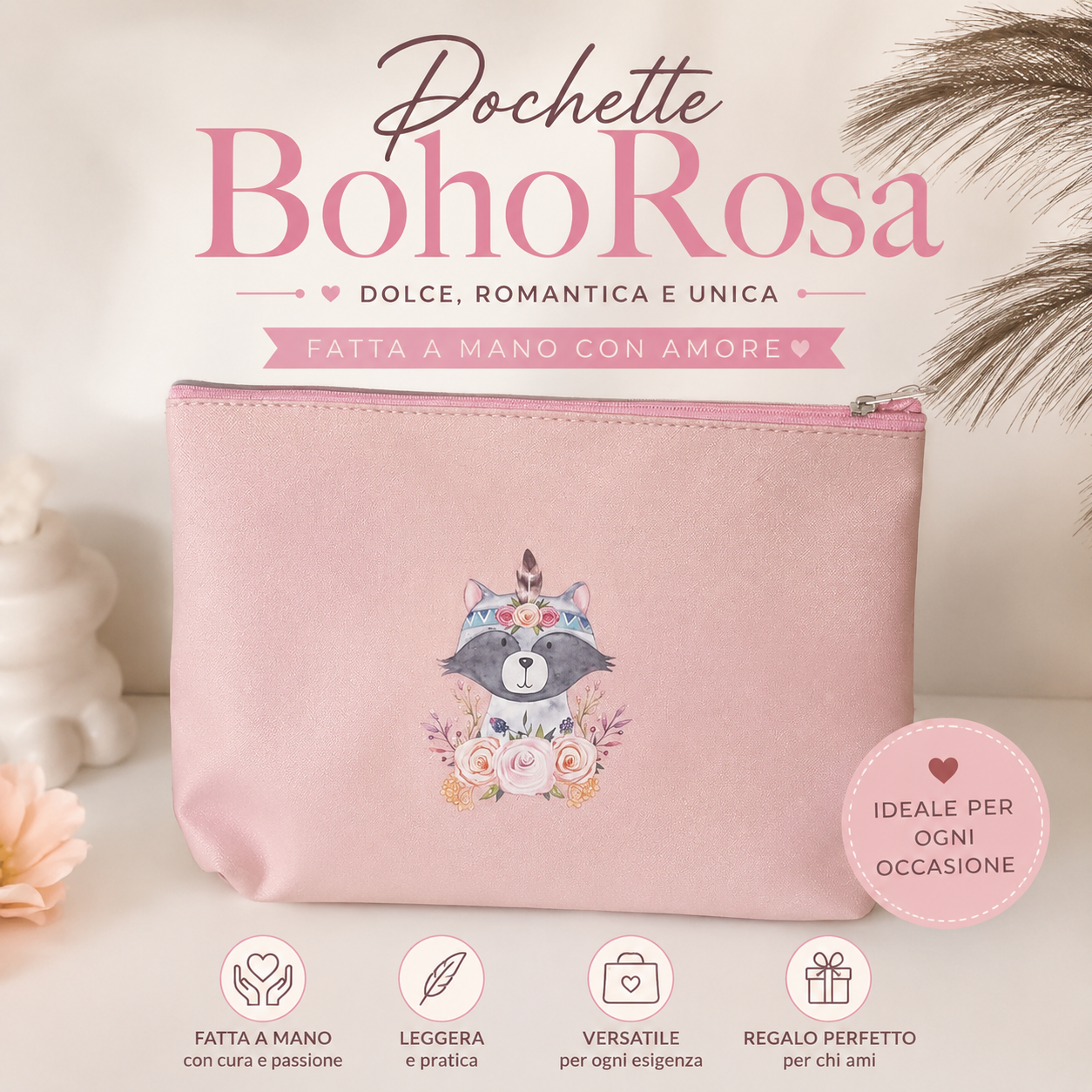 Pochette “Boho Rosa” | Astuccio Rosa con Illustrazione Dolce