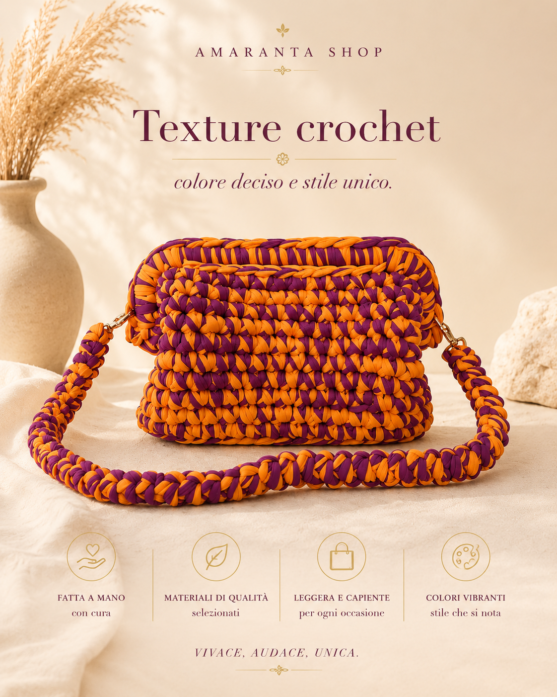 borsa arancione e viola artigianale