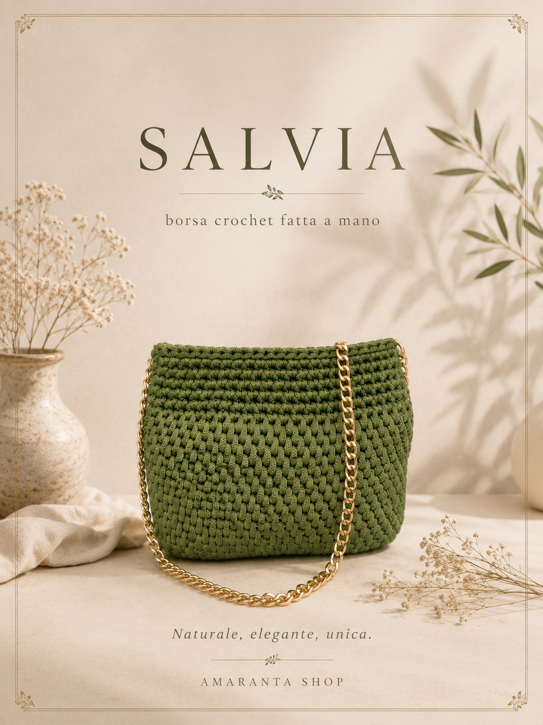 Borsa Crochet “Salvia” Fatta a Mano | Verde con Catena Dorata