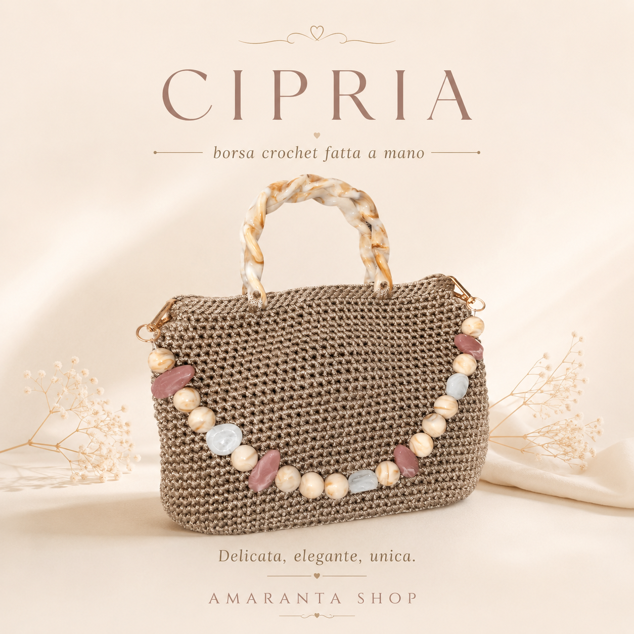 Borsa Crochet “Cipria” Fatta a Mano | Elegante con Perline